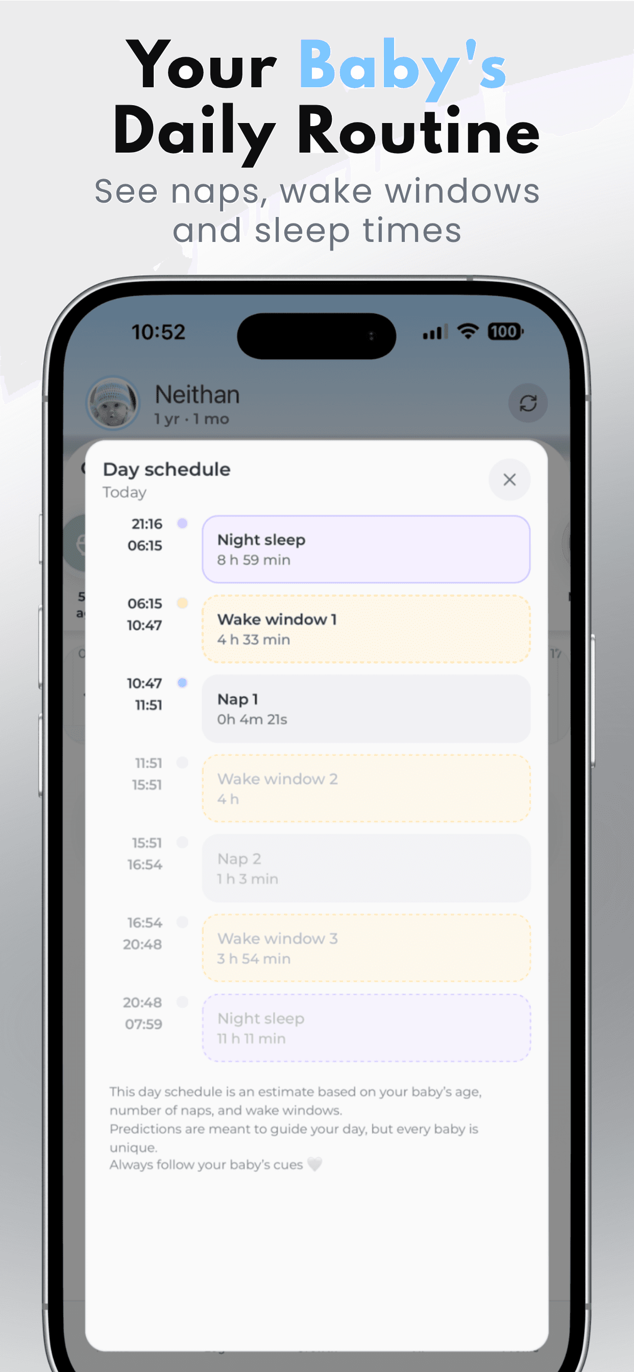Day schedule and wake window screen in Baby Tracker