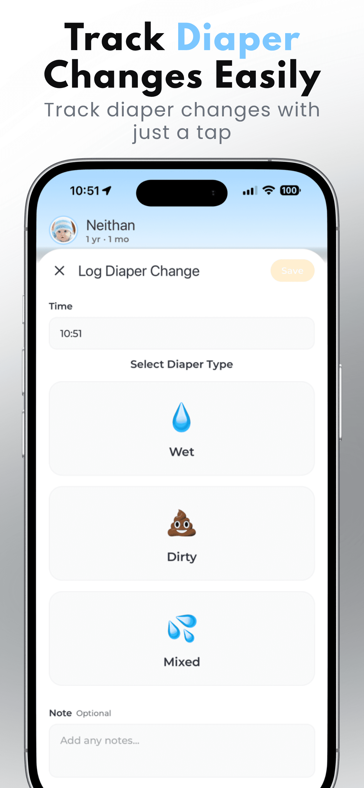 Diaper tracking screen in Baby Tracker